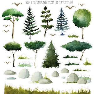 Aquarell Bäume und Vögel Planer Aufkleber, Sommer Gras Aufkleber, Greenery Planer Aufkleber, Landschaft Planer Aufkleber. J-209