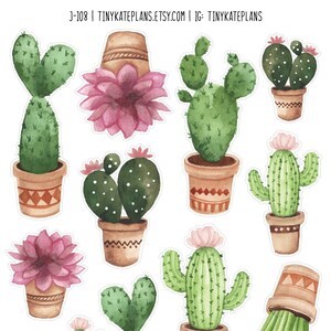 Stickers aquarelle cactus dans des pots bruns, petits autocollants floraux, autocollants botaniques, autocollant cactus Bujo. J-108