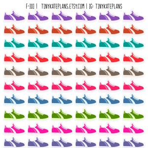 May include: A sheet of colorful sneaker stickers in various colors, including purple, orange, teal, red, gray, pink, blue, green, yellow, and black. The stickers are arranged in a grid pattern and are suitable for planners and crafts.
