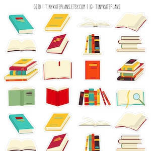 May include: A set of 20 colorful book stickers featuring various styles of open and closed books, stacks of books, and a book with a magnifying glass. The stickers are perfect for adding a touch of whimsy to planners, journals, laptops, and more.