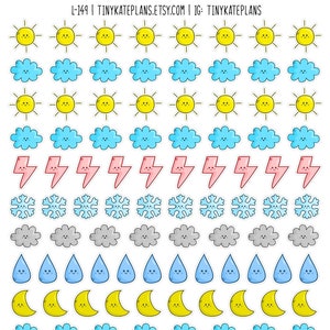 May include: A sheet of weather-themed stickers with various designs, including suns, clouds, lightning bolts, snowflakes, raindrops, and moons. The stickers are all in a cartoon style and have happy faces.