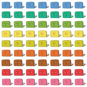 May include: A sheet of 48 colourful laptop stickers with a cartoon face. The laptops are in various colours including blue, green, yellow, orange, brown, red, pink, and purple.