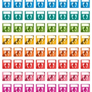 May include: A sheet of 100 colorful square stickers with a white footprint design. Each sticker has a white border and a blank space for writing. The stickers are arranged in 10 rows of 10 stickers each. The colors of the stickers are blue, teal, green, yellow, orange, red, pink, purple, and light blue.