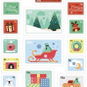 Faux Christmas Stamp Planner Stickers, Christmas Stamp Stickers, Cozy Winter Planner Stickers, Christmas Bullet Journal Sticker. X-159