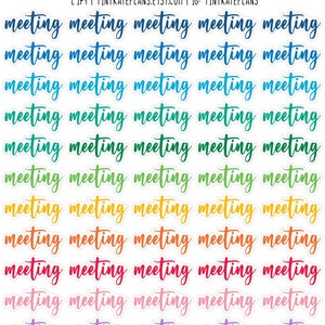 May include: A sheet of colorful stickers with the word "meeting" written in a variety of colors. The stickers are arranged in rows of five, with each row featuring a different color.