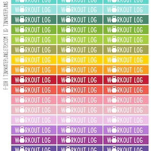 May include: A printable sheet of 21 colorful workout log labels with a white dumbbell icon and the text "WORKOUT LOG" on each label.