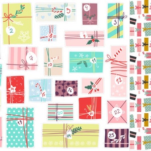 May include: A set of 25 printable Christmas gift box stickers with a variety of colors and patterns. The stickers are numbered 1 through 25 and feature a variety of festive designs, including snowflakes, stars, candy canes, and holly.
