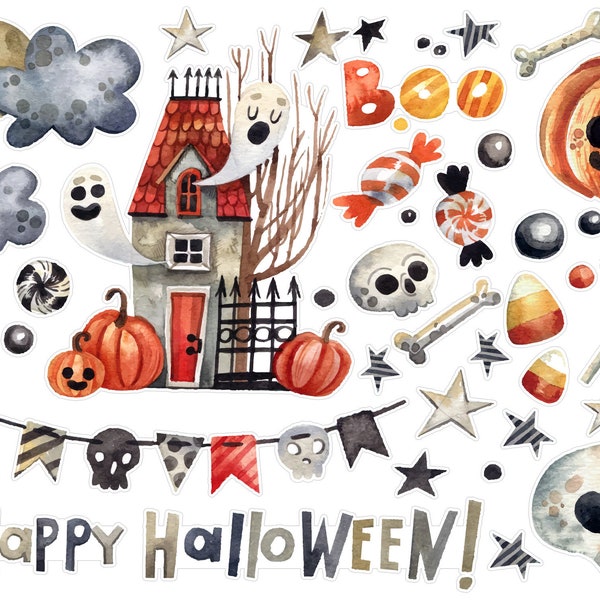 Halloween Hunted House Planner Stickers, Halloween Planner Stickers, Watercolor Stickers, Bullet Journal Halloween Stickers. H-107.