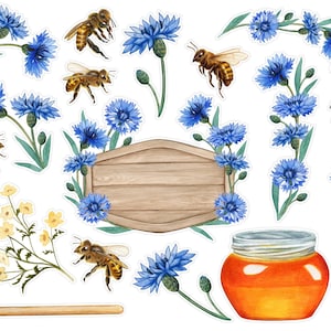 May include: A set of digital clipart featuring watercolor illustrations of bees, honey, and blue cornflowers. The set includes a wooden sign, a jar of honey, a honey dipper, and several bees and flowers.