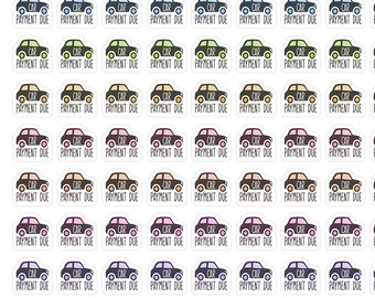 May include: A sheet of 100 car payment due stickers. The stickers are white with a black outline and feature a cartoon car with different colored accents. The text "Car Payment Due" is printed on each sticker.