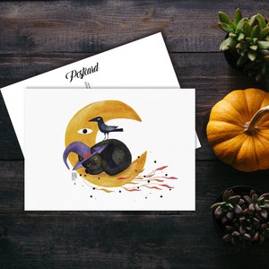 Cartolina dei sogni del gatto nero, cartolina del gatto per il postcrossing, cartolina del gatto amico di penna, cartolina del gatto nero e dei fantasmi. AC-167