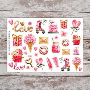 May include: A sheet of Valentine's Day themed stickers with watercolor illustrations. The stickers include the word "love", roller skates, hearts, gifts, flowers, ice cream cones, donuts, and envelopes. The color palette is primarily pink, red, and gold.