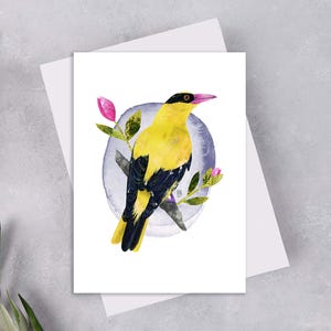Carte postale collage papier oriole à nuque noire, carte postale correspondant oiseau jaune, carte postale oiseau jaune coloré, impression d'art oriole à nuque noire. CAP-136