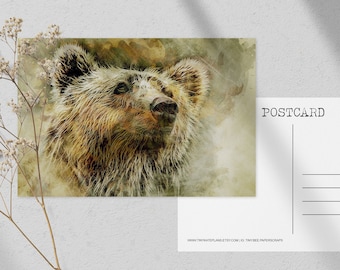 Grudge Bear Portrait Postcard, Bear Postcard Print For Postcrossing, Animal Penpal Postcard, Forest Animal Postcard, Bear Print. PC-114