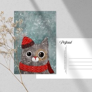 Cartolina di Natale con gatto con cappello, stampa di cartoline con gatto invernale per postcrossing, cartolina con amico di penna di animali gatto di Natale. AC-181