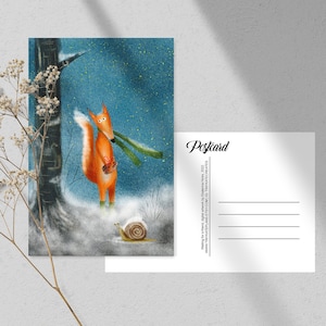 Carte postale En attente d'un ami, carte postale Postcrossing renard et escargot, carte postale correspondant renard, cartes postales animal renard lunatique. AC-157