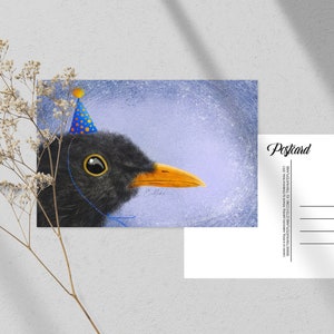 Carte postale d'anniversaire Merle, impression de carte postale oiseau Postcrossing, carte postale correspondant oiseau drôle, cartes postales merle lunatique. AC-127