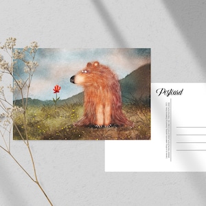 Carte postale ours avec une fleur, carte postale d'animal imprimée, carte postale aquarelle ours brun correspondant, carte postale fantaisiste. AC-141