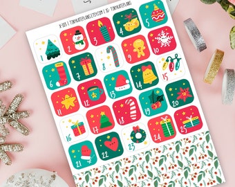 May include: A printable Christmas advent calendar with 25 numbered squares featuring festive illustrations. Each square has a different Christmas-themed image, such as a snowman, a Christmas tree, a candy cane, and a gift. The calendar is printed on white paper with a green and red color scheme.
