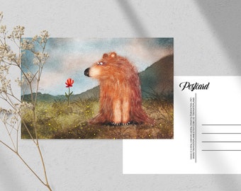 Bear With Flower Postcard, Animal Postcard Print Postcrossing, Watercolor Brown Bear Penpal Postcard, Whimsical Postcard. AC-141