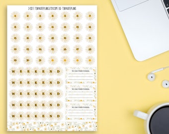 Daisy Date Cover Planner Stickers, Floral Calendar Countdown Planner Stickers, Daisy Flower Bullet Journal Stickers, Summer Stickers. J-132