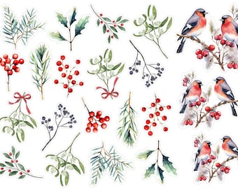Gimpel Winter Planer Aufkleber, niedliche Aquarell Weihnachtsaufkleber, gemütliche Winter Planer Aufkleber, Weihnachtsbaum Aufkleber. X-190