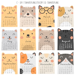 Stickers calendrier chat 2025, stickers calendrier, stickers calendrier mensuel, stickers calendrier chat. C-109