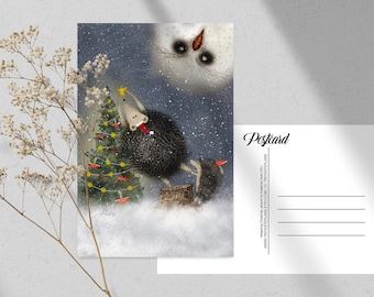 Carte postale aquarelle 4 x 6 ou 5 x 7 hérissons de Noël et hibou, impression de carte postale d'hiver pour Postcrossing, carte postale de correspondant oiseau de Noël. AC-117