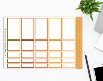 May include: A sheet of planner stickers with rectangular and square frames in shades of brown, orange, and yellow. The stickers are arranged on a white background. The text "B-3441 | TINYKATEPLANS.ETSY.COM | IG: TINYKATEPLANS" is visible.