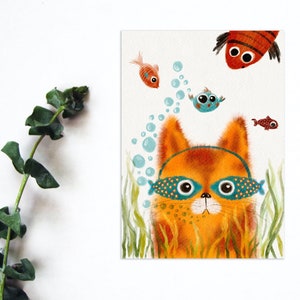 Carte postale de poisson-chat, impression de carte postale d'animal pour une traversée, carte postale de correspondance aquarelle chat, impression d'art mignon chat orange et poisson. AC-153