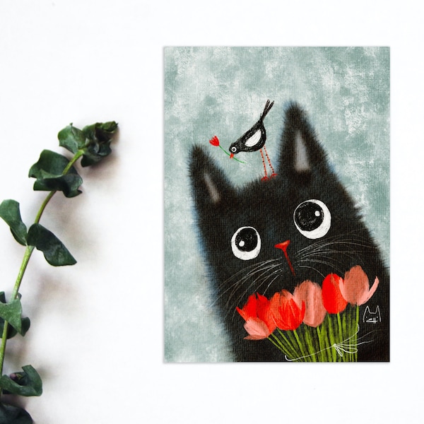 Black Cat Postcard, Tulip Postcrossing Postcard, Watercolor Cat Penpal Postcard, Cute Black Cat & Bird Art Print, Cat Art Print. AC-155