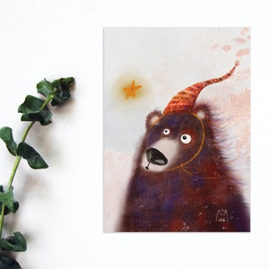 Carte postale aquarelle ours rêveur, impression carte postale Starcrossing, carte postale correspondant ours, carte postale ours brun et nuit étoilée. AC-154