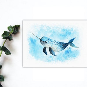 Carte postale aquarelle de narval, impression de carte postale d'animal aquatique pour la traversée, carte postale de correspondance de baleine, carte postale mignonne de narval. AC-189