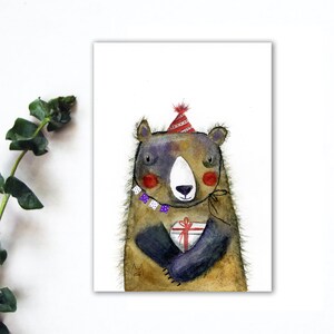 Carte postale aquarelle ours avec fleur, carte postale animalière Postcrossing, carte postale correspondant ours brun, carte postale fantaisiste. AC-190