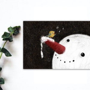 Carte postale aquarelle bonhomme de neige sirène 4 x 6 ou 5 x 7 ans, impression de carte postale oiseau hivernal pour les traversées, carte postale correspondant bonhomme de neige de Noël. AC-200