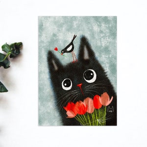 Cartolina gatto nero, cartolina Tulip Postcrossing, cartolina di corrispondenza gatto acquerello, stampa artistica di gatto nero e uccello carino, stampa artistica di gatto. AC-155