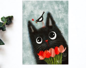 May include: A black cat with big eyes holds a bouquet of red and pink tulips. A small black and white bird sits on the cat's head.