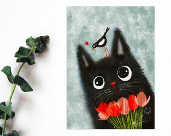 Black Cat Postcard, Tulip Postcrossing Postcard, Watercolor Cat Penpal Postcard, Cute Black Cat & Bird Art Print, Cat Art Print. AC-155