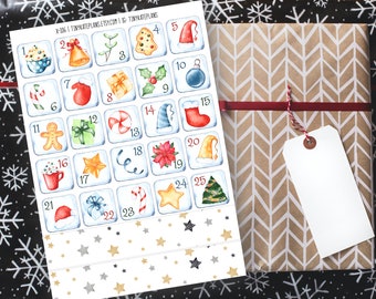 May include: A set of 25 Christmas-themed stickers with a white background and blue borders. The stickers feature various holiday icons, including a gingerbread man, a candy cane, a stocking, a Christmas tree, and a star. The stickers are arranged in a grid pattern and are numbered from 1 to 25.