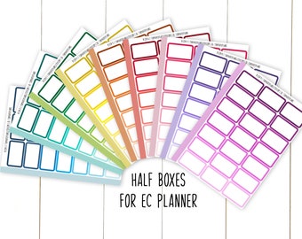 May include: A set of 10 colorful half box planner stickers with a white background and a dark blue border. The stickers are arranged in a fan shape and have a gradient of color from dark to light. The text "HALF BOXES FOR EC PLANNER" is printed below the stickers.