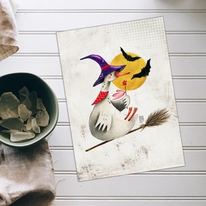 Cartolina strega oca, stampa cartolina animale per postcrossing, cartolina penna oca di Halloween, cartoline animali da fattoria. AC-175