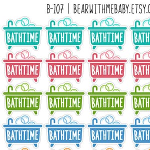 May include: A sheet of 70 colorful bathtub stickers with the word "Bathtime" printed on each sticker. The stickers are in various colors, including pink, blue, green, yellow, orange, and purple. Each sticker features a cartoon bathtub with bubbles.