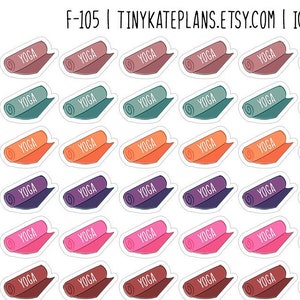 May include: A sheet of 72 colorful yoga mat stickers with the word "YOGA" printed on each sticker. The stickers are arranged in 9 rows of 8 stickers each. The stickers are in a variety of colors, including red, orange, yellow, green, blue, purple, pink, and brown.