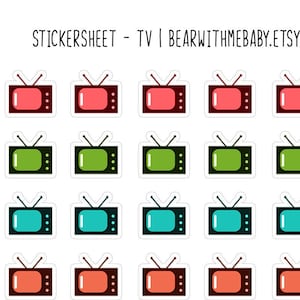 May include: A sticker sheet with 48 colorful retro television icons. Each icon is outlined in white and has a white background. The sheet is titled "STICKERSHEET - TV | BEARWITHMEBABY.ETSY.COM | IG: BEARWITHMEBABYETSY".