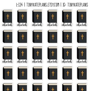 May include: A sheet of 49 black and white stickers with a gold cross and the word "church" in cursive. The stickers are designed to look like a closed book.