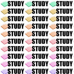 May include: A sheet of colorful stickers with the word "STUDY" printed in black on each sticker. The stickers feature different colored book illustrations.