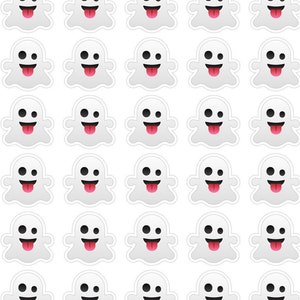 May include: Sheet of stickers featuring numerous white ghost characters with black eyes and mouths, and pink tongues sticking out. The stickers are arranged in a grid pattern on a white background. Text on the left side reads "H-113 | TINYKATEPLANS.ETSY.COM | IG: TINYKATEPLANS."
