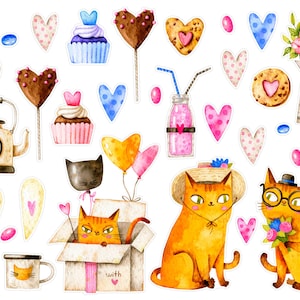Stickers Amour de chat, Stickers chats avec coeurs, Stickers Bullet Journal drôles pour la Saint-Valentin, Stickers chats rigolos. V-117