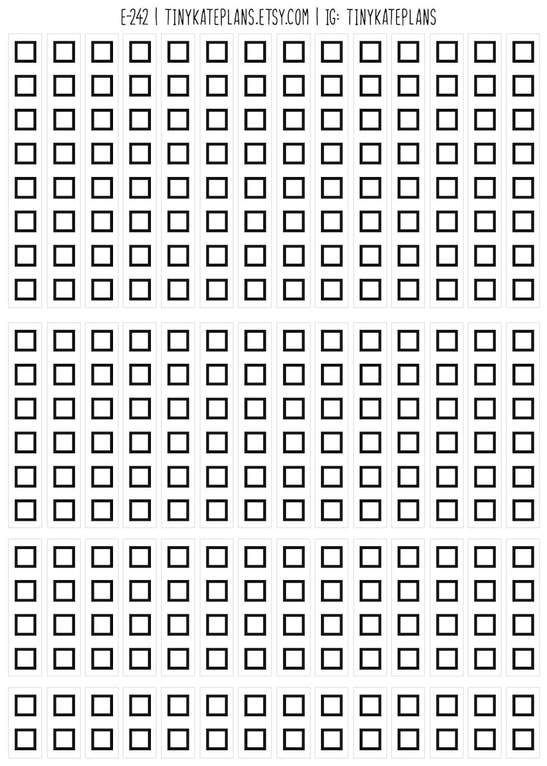 May include: Planner stickers with rows of black outlined squares on a white background. The text "E-242 | TINYKATEPLANS.ETSY.COM | IG: TINYKATEPLANS" is at the top. Ideal for planning.