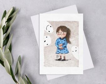 Ghost Stories Postcard, Halloween Postcrossing Postcard Print, Funny Ghost Penpal Postcard, Whimsical Girl & Ghosts Postcards. AC-126